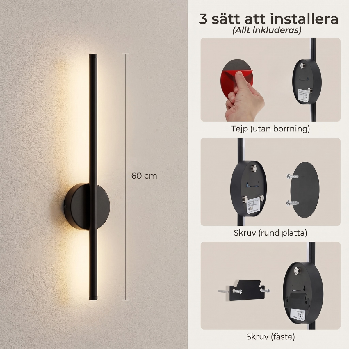 Dette følger med Linea: lampe, magnetplate, fjernkontroll, teip, skruer og USB-C-kabel
