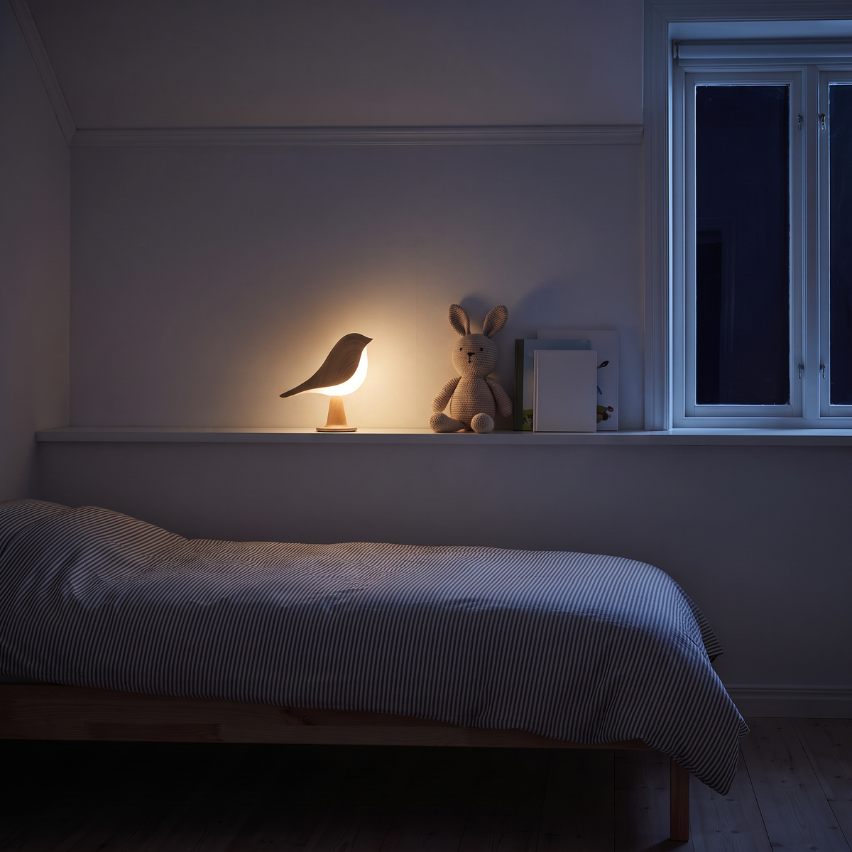 Cora i lyst tre dimmet ned som nattlampe på hyllen i et barnerom