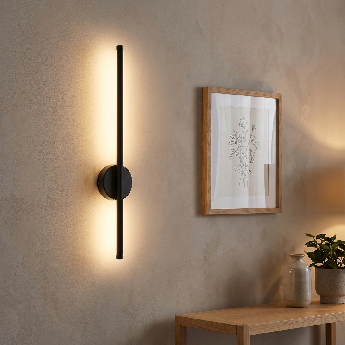 Linea vegglampe med varmt lys langs staven