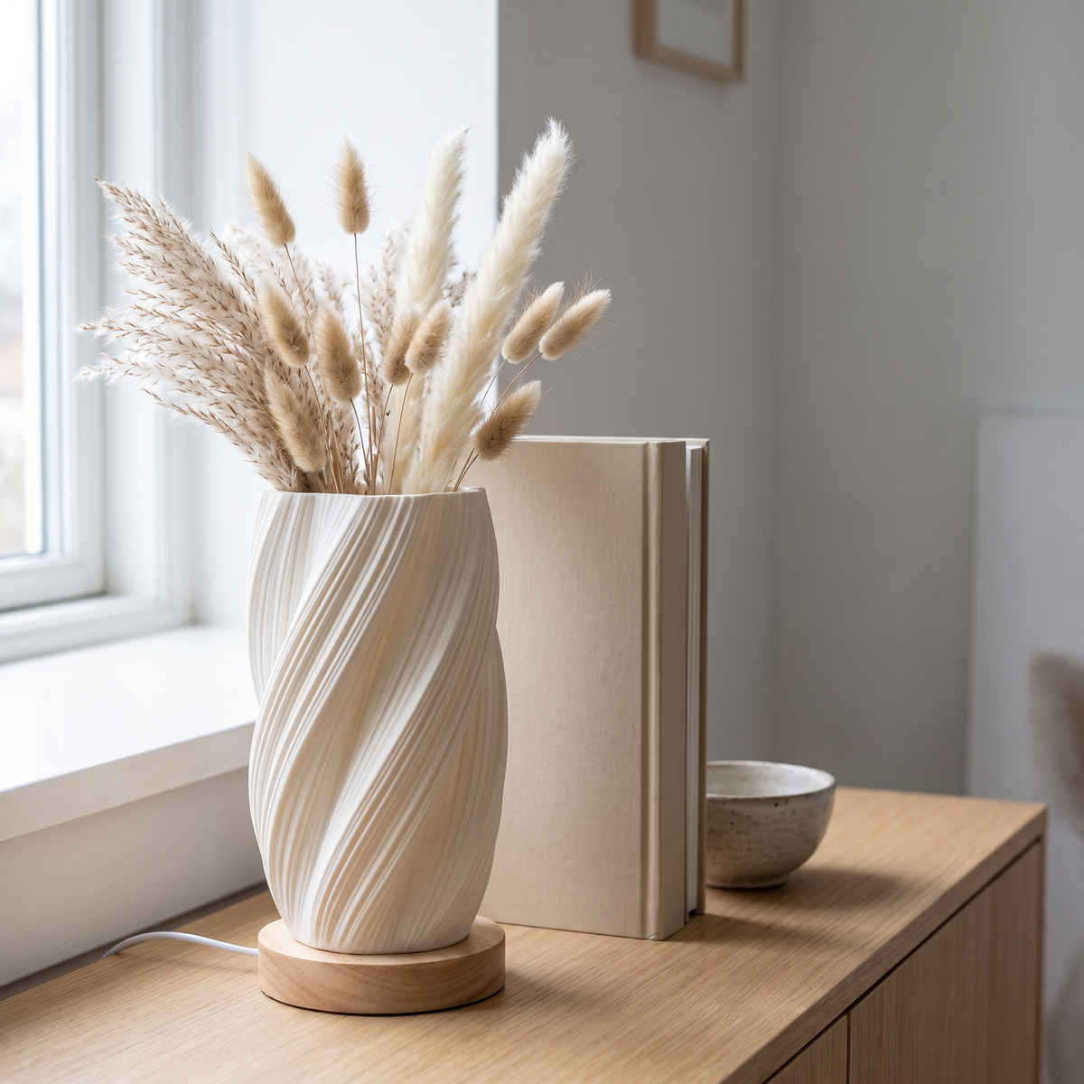 Sela slukket som vase på dagtid, med tørket pampasgress og harehale