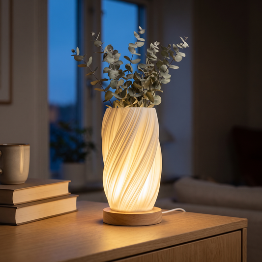 Sela tent med tørket eukalyptus på en eikekommode en novemberkveld – mørkeblått vindu, taklampen slukket