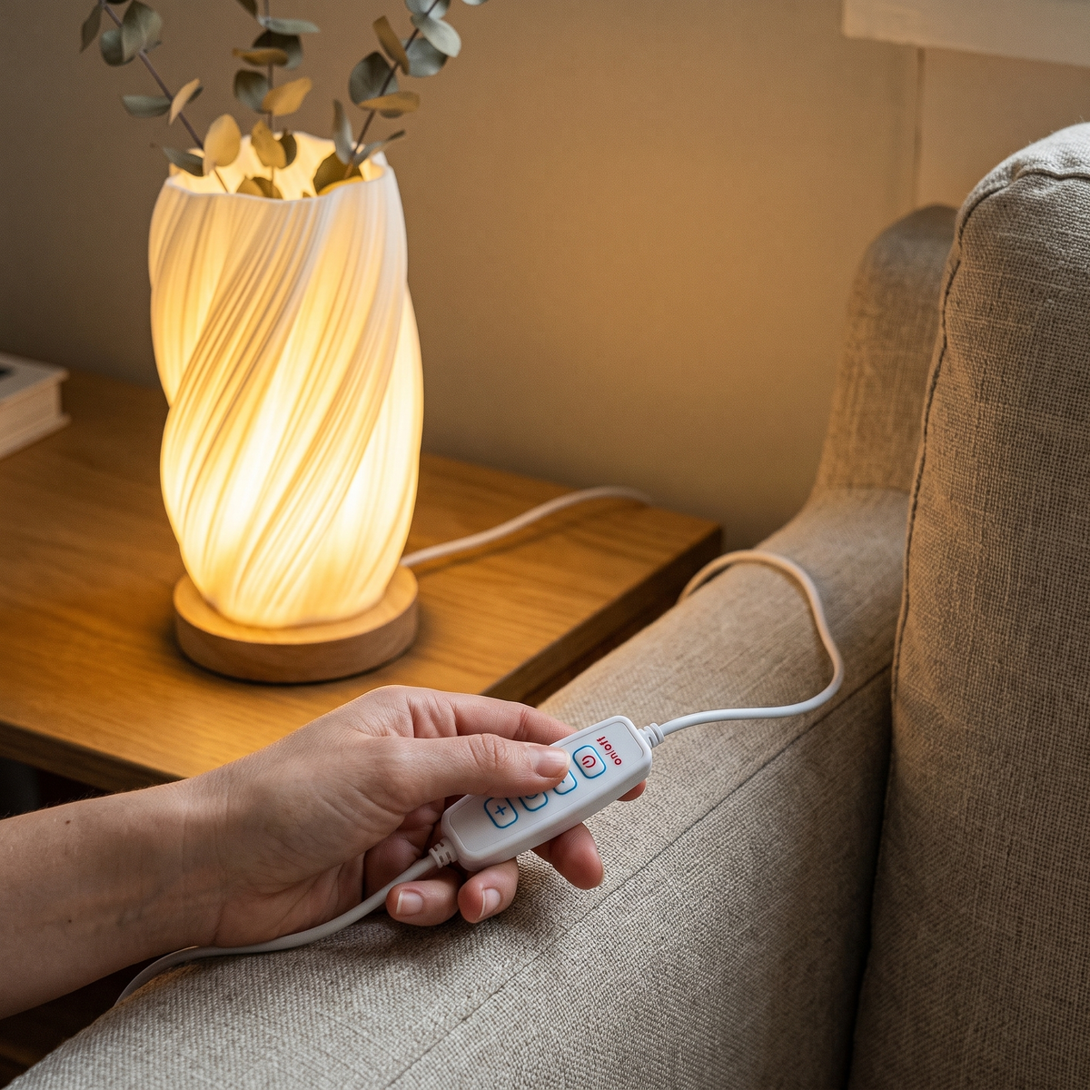 Hånden holder knappepanelet på ledningen – av/på, lysere, mørkere og modus – Sela tent i bakgrunnen