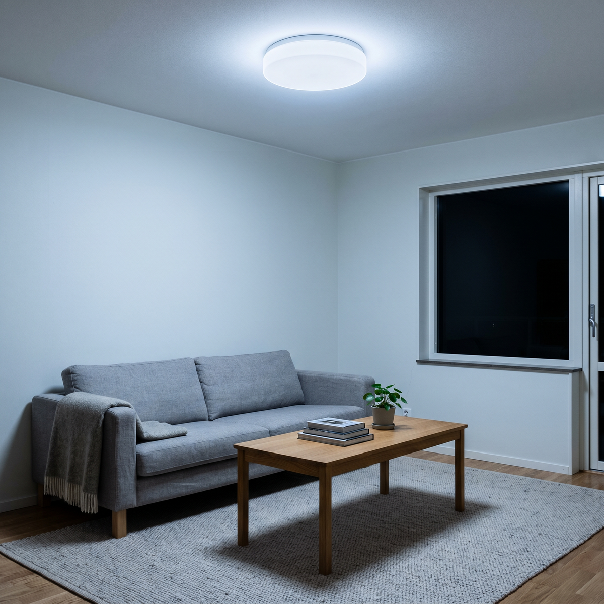 Stue opplyst bare av en hvit plafond i taket — flatt og kaldt lys