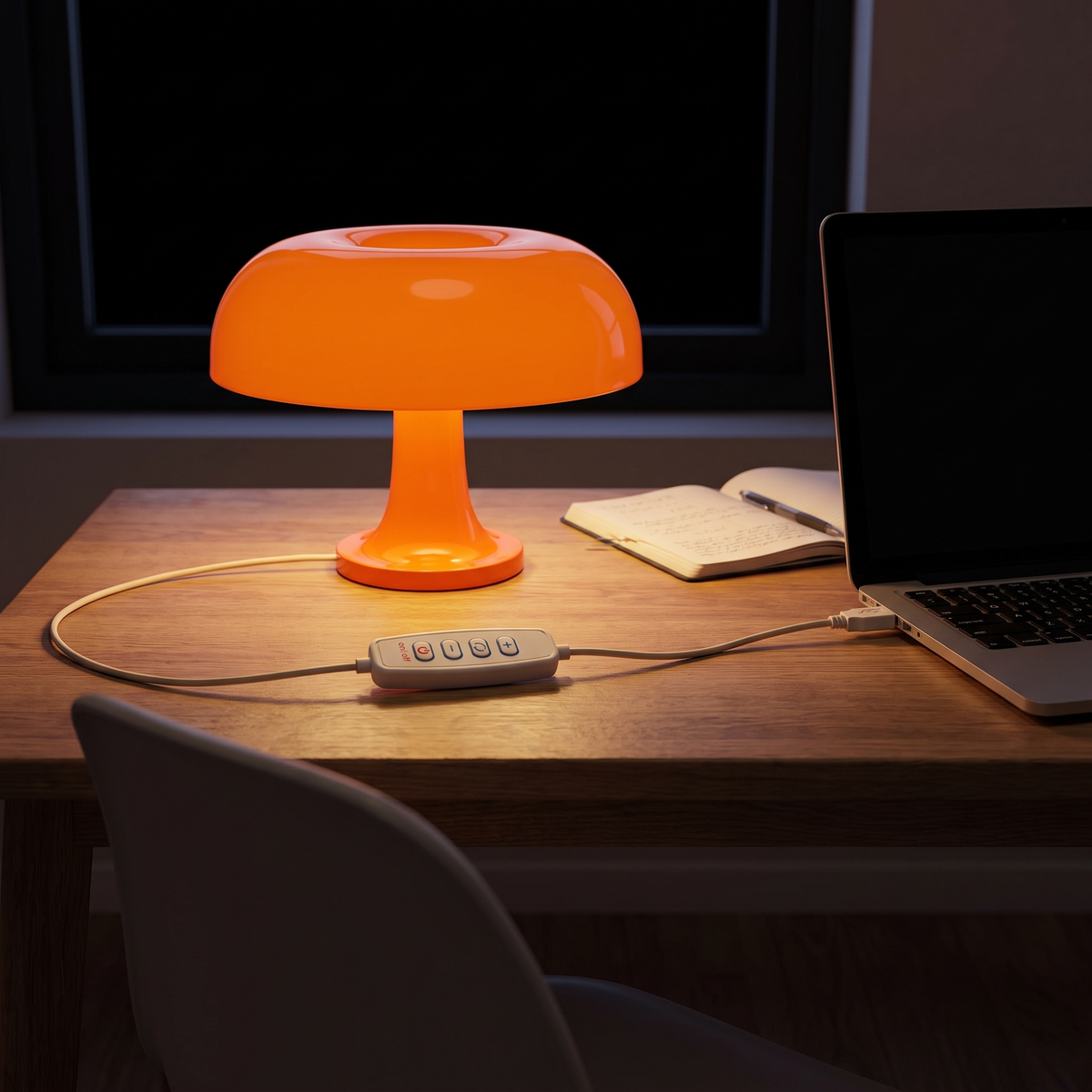 Sienna på et skrivebord med ledningen gjennom knappepanelet og inn i laptopens USB-port