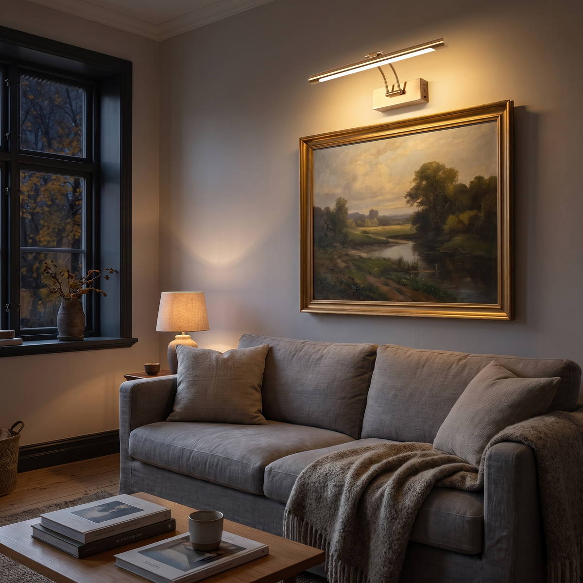 Tela i gull, tent over maleriet ovenfor sofaen – taklampen slukket en novemberkveld