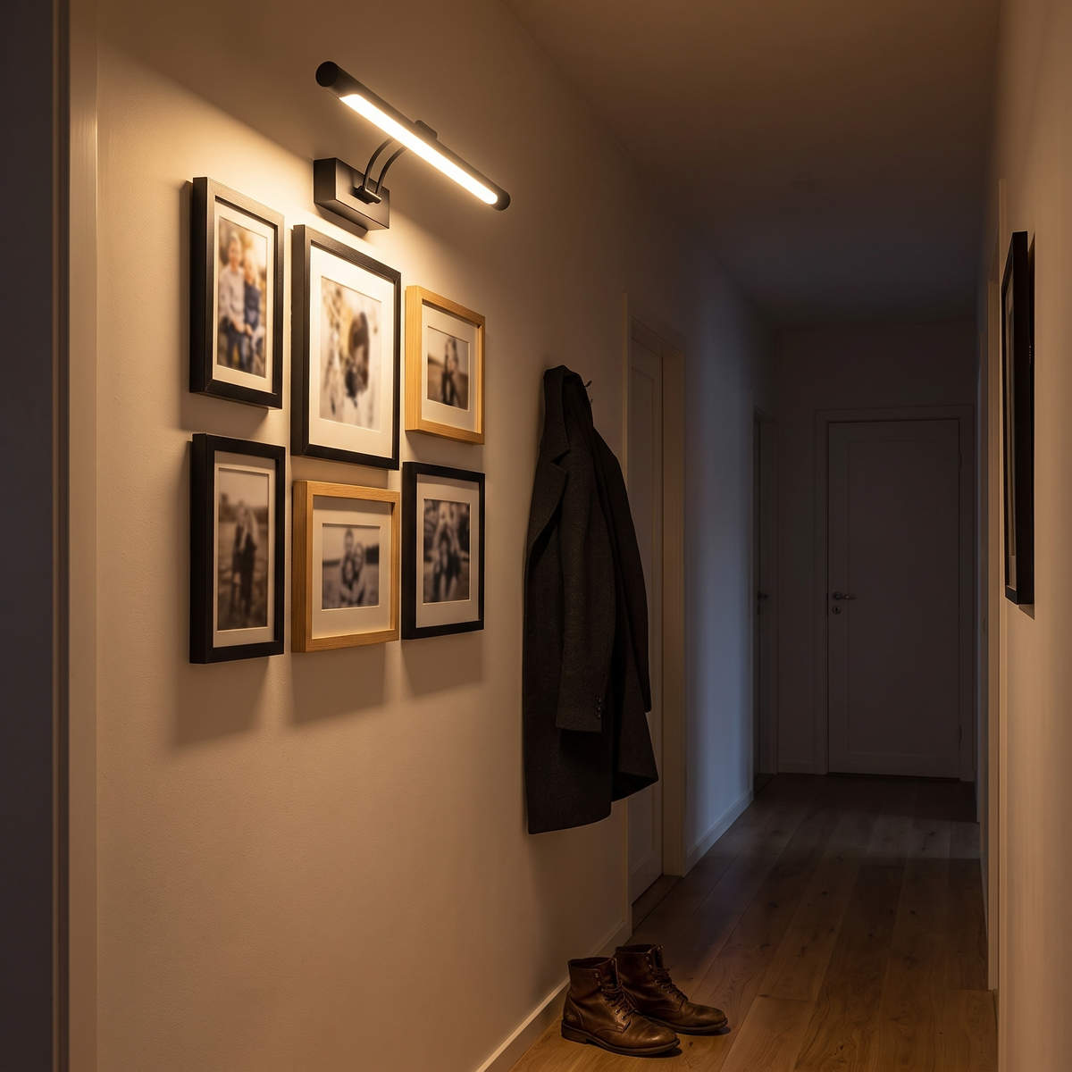 Tela i svart, tent over fotoveggen i gangen